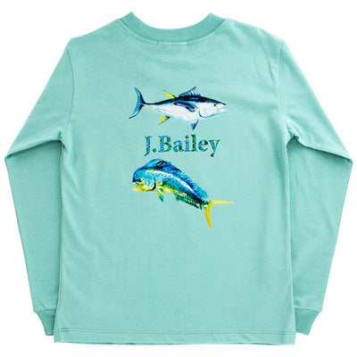 J. Bailey Long Sleeve Logo Tee- Fish on Jade