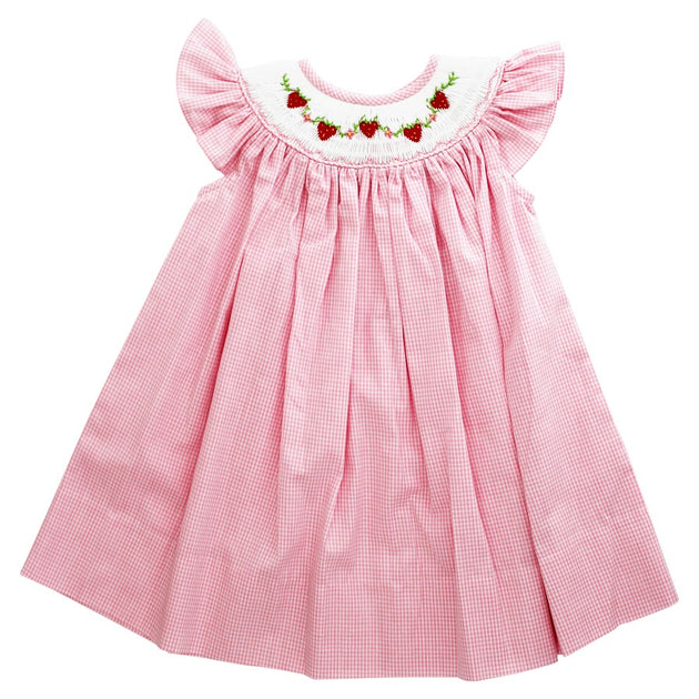 Hand Smocked Bishop Dress, in Pink 2024 Gingham - Strawberries and Flowers