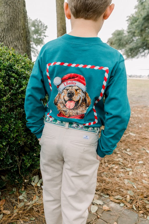 J. Bailey Long Sleeve Logo Tee- Santa Dog on Teal