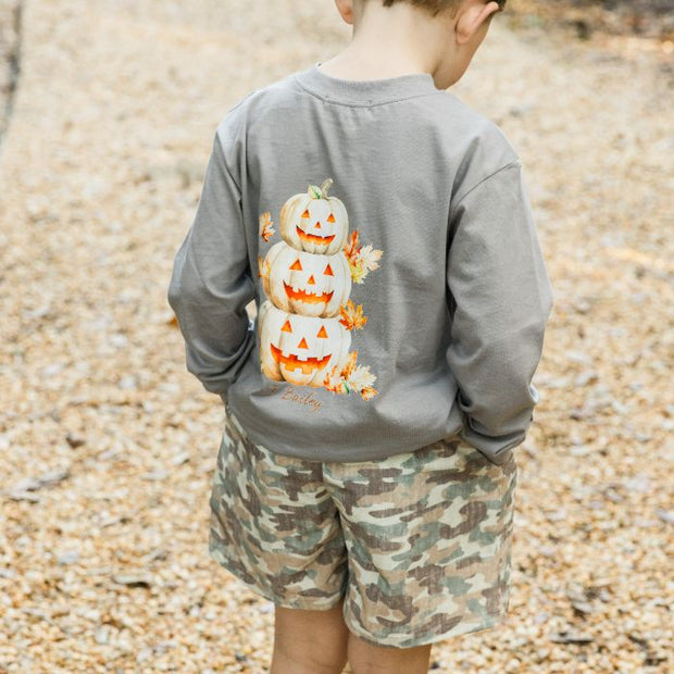 Boys Long Sleeve Logo Tee - Jack-O-Lantern on Grey