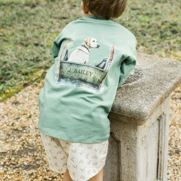 Boys Long Sleeve Logo Tee - Dog in Boat on Green