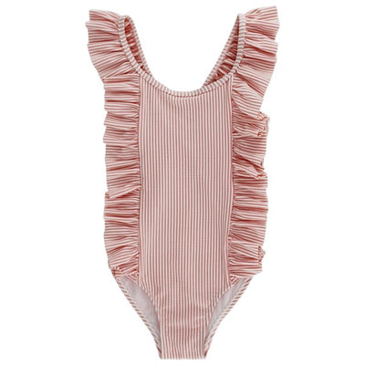 Girls Spandex Swimsuit - Coral Stripe Seersucker