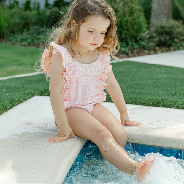 Girls Spandex Swimsuit - Coral Stripe Seersucker