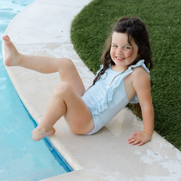 Girls Spandex Swimsuit - Blue Stripe Seersucker