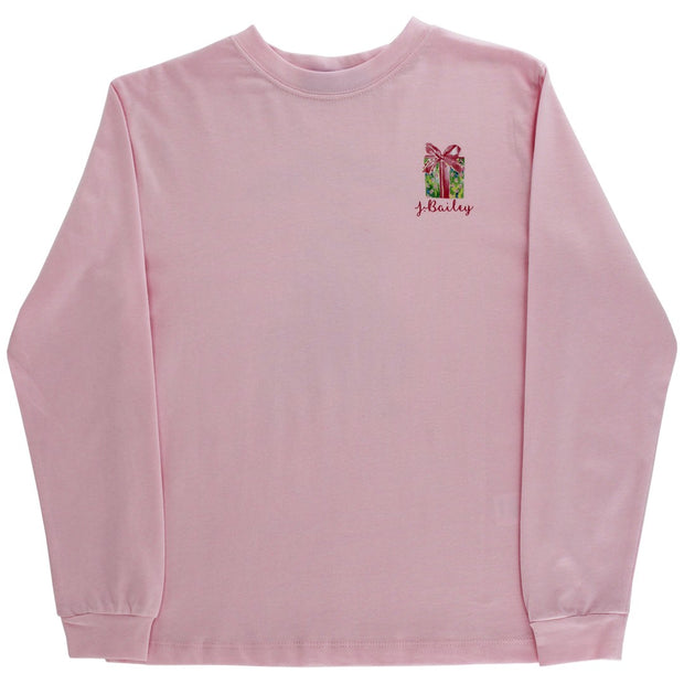 Girls Long Sleeve Logo Tee - Santa Tree on Pink