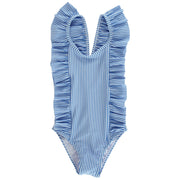 Girls Spandex Swimsuit - Blue Stripe Seersucker