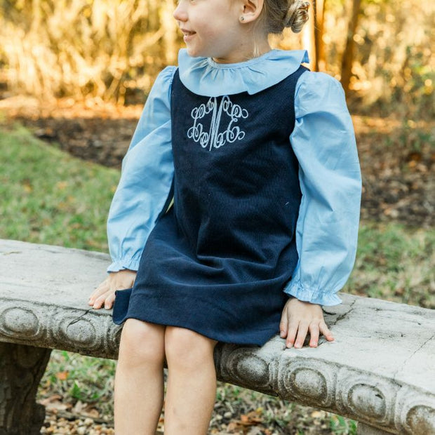 Navy Cord/Cornflower- Girls Ruffle Shirt