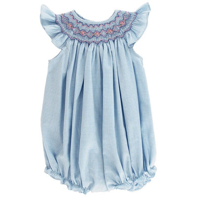 Blue Check With Pink Rosette Bishop Romper