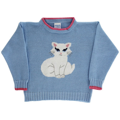 Crew Neck Sweater - Kitty on Light Blue