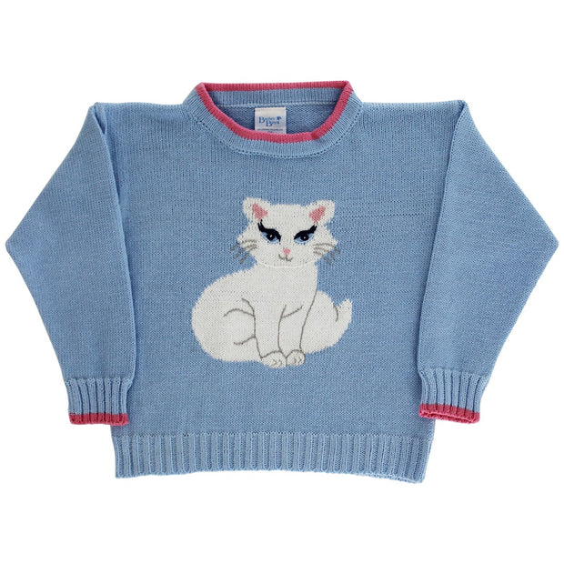 Crew Neck Sweater - Kitty on Light Blue
