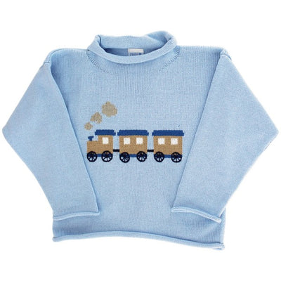 Roll Neck Sweater - Train on Blue