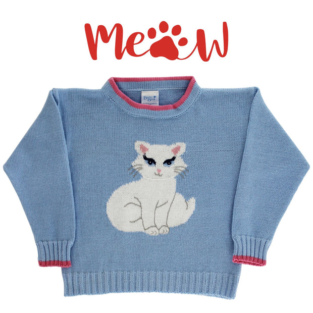 Crew Neck Sweater - Kitty on Light Blue