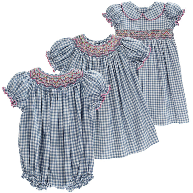 Denim Gingham with Pink Geo - Bishop Romper