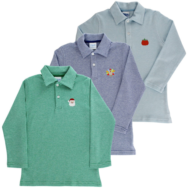 Embroidered Knit Microstripe Polo - Santa on Kelly
