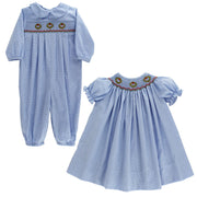 Wreath On Blue Microcheck - Dressy Bubble Long