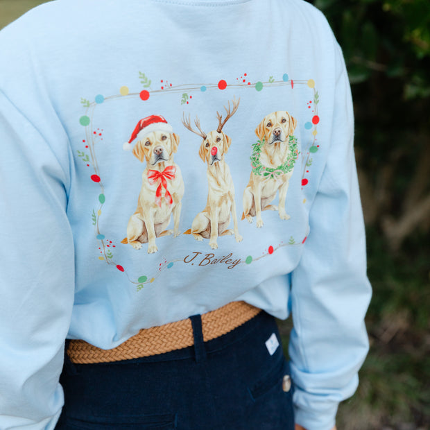 Boys Long Sleeve Logo Tee - Christmas Labs on Light Blue
