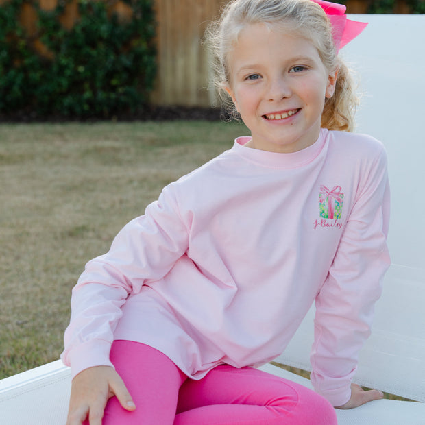 Girls Long Sleeve Logo Tee - Santa Tree on Pink