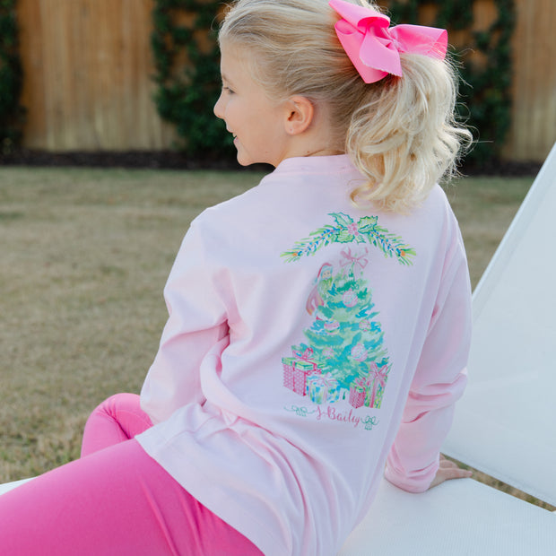Girls Long Sleeve Logo Tee - Santa Tree on Pink