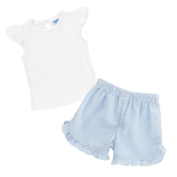 Light Blue Seersucker - Girls Short with Ruffle