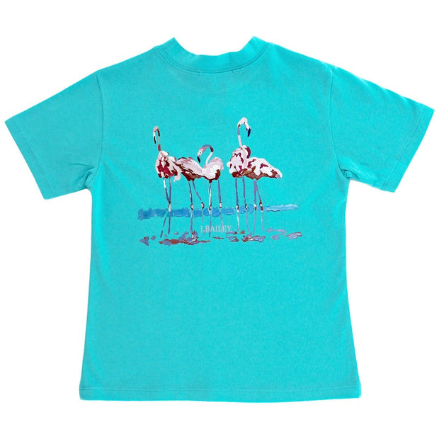 J. Bailey Girls Short Sleeve Logo Tee- Flamingo on Seafoam