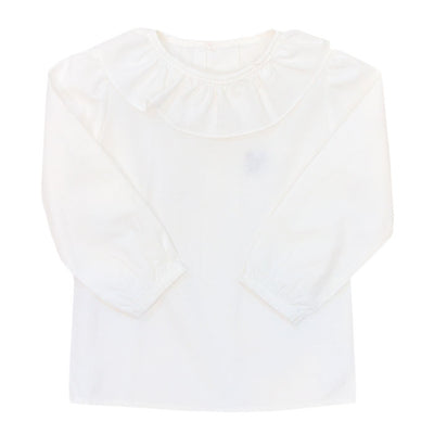 Girls Button Back Shirt with Ruffle- White
